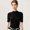 Estilo nuevo, elegante y discreto: Suéter de punto fino 100% lana, corte ajustado, manga corta para mujer, con cuello semialto y manga tres cuartos, perfecto como capa base