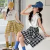 Conjunto de Verano para Niñas 2026 Nuevo Elegante Moda Infantil Falda de Cuadros Irregular Conjunto de Dos Piezas Ropa de Verano de Moda para Niñas