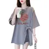 Camiseta de Algodón Puro Holgada con Tira de Abertura Irregular para Mujer Estilo Coreano Graffiti de Corazón Longitud Media Top Versátil que Rejuvenece Ins