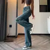Jeans Color Gris Cemento para Mujer Primavera y Otoño 2024 Nuevos de Verano Delgados Estilo Europeo Cintura Alta Rectos Rasgados Pierna Ancha