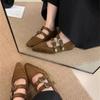 Zapatos Mary Jane Retro de Punta Fina Boca Baja con Aumento Interior para Mujer Otoño 2025 Zapatos Planos de Gamuza con Cinturón de Remaches y Hebilla
