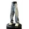 Pantalones curvos para hombre con pintura salpicada y rotos azules, pantalones de pierna recta con lavado y efecto desgastado, pantalones vaqueros de pierna ancha de marca moderna estilo americano