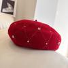 Boinas de Seda Plateada Japonesa con Cuentas de Pedrería para Mujer Otoño e Invierno Cálido Sombrero Pintado de Lana Australiana Elegante Gorro de Punto Moderno