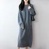 Vestido Casual de Lana Pura para Mujer, Otoño e Invierno Engrosado Cuello Redondo Botón Lateral Holgado Por Encima de la Rodilla Vestido Suéter de Punto Midi