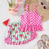 2025 nueva ropa infantil verano traje de niña tirantes infantiles camisa pequeña lazo sandía shorts juguetones conjunto de 2 piezas