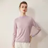 Suéter de lã pura fiada ultrafina de merino para mulheres, suéter de base de malha com gola semi-alta, camiseta de base fina em fio Yangzi