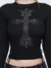 Camiseta Larga Punk Niche Transfronteriza Europea y Americana con Strass, Forma de Cruz Personalizada Versátil Y2K Casual Ajustada con Cuello Negro Solapa