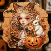 Placa de Madeira de Coelho Menina Halloween Retrô Decoração de Abóbora Morcego Estilo Country Americano Artesanato Lembrança