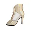 Tacones Altos para Danza Jazz, Botas para Danza Latina Chapadas en Oro, Sandalias de Malla con Punta Abierta, Tacones, Sandalias con Brillo Fino, Zapatos Profesionales de Baile