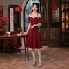 Novo Vestido com Alça de Laço Vermelho Afinando Cintura Ajustada Petite Ombro a Ombro Manga Curta Vestido de Festa de Agradecimento para Mulheres