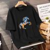 Camiseta Trendy de Seda de Gelo Preta de Verão Wanhua Cavalo Solta Coreana Estampada Gola Redonda Manga Curta para Homens e Mulheres com Estilo Cool