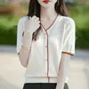 Nova Camiseta de Seda de Gelo Manga Curta Verão Atacado Transfronteiriça Roupas Femininas Solta Emagrecedora Tamanho Grande Decote V Estilo 2025 Fina