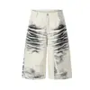 Jia Yi Ku 2026 Shorts Americanos Estilo de Rua Desgastados com Design de Spray de Tinta, Calças Cropped Personalizadas Cleanfit Largas de Perna Larga