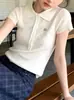 Camiseta Blanca de Punto con Cuello Polo Estilo Coreano para Mujer, Verano, Talla Petite, Única y Hermosa, Top Súper Elegante