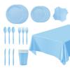 Nuevo en stock, serie de vajilla de color sólido, traje de plato de papel azul claro, vaso de papel, mantel de seda, suministros desechables para fiestas