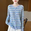 Cárdigan de punto a rayas de colores retro para mujer, otoño invierno, suave, esponjoso, estilo perezoso, suéter, prenda exterior rejuvenecedora
