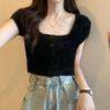 Explosões de Primavera de 2023 do Sudeste Asiático Camiseta de Pelúcia Gola Quadrada Doce e Quente Slim Fit Afinando Malha Fina Manga Curta Top para Mulheres