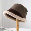 Sombrero de Pescador Parcheado de Cuero PU de Colores Estilo Japonés para Mujer, Invierno y Otoño, Borde Grueso de Felpa, Moda, Sombrero de Cubo Cálido