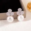 Pendientes de Perla con Trébol de Diamantes Completos Brillantes, Pendientes Dulces de Nicho de Moda Coreana, Pendientes Exquisitos de Lujo Ligero de Alta Gama