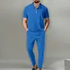 Verano Nuevo Estilo Europeo y Americano Comercio Transfronterizo Comercio Exterior Conjunto de Traje para Hombre Color Sólido Waffle Solapa Manga Corta Cremallera Pantalones Largos