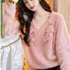 Suéter de tricô com decote V, floral tridimensional com contas, estilo francês, suave, moda de alta qualidade, pulôver solto e versátil para mulheres