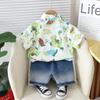 Conjunto de dos piezas con estampado de dinosaurio de estilo coreano para niños, camisa y pantalones cortos de manga corta, Lel, verano 2024