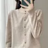 Cardigan de malha novo estilo de primavera 100% lã, gola redonda, comprimento curto, modelagem solta, suéter elegante, jaqueta de cor sólida para mulheres