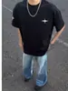 Camiseta de Algodón Puro Pesado Estilo Retro Americano con Bordado de Polaris, Manga Corta para Hombre, Verano Holgada Tendencia Marca Pareja Top de Media Manga