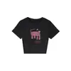Camiseta Preta de Manga Curta com Gola Redonda para Mulheres, Novo Estilo de Verão, Estampa de Desenho Animado Niche, Top Tendência Slim Fit