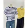 Camiseta Holgada de Manga Corta con Rayas Amarillo Brillante, Hombro Normal, Bloques de Color, para Mujer, Verano, Holgada, Tallas Grandes, Casual, Base, Reduce la Edad