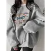 Moletom Feminino Cinza 2026 Novo Estilo Outono e Inverno, Forrado com Fleece e Espessado, Estilo Coreano Estilo Preguiçoso Jaqueta Oversized