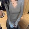 Camiseta de Renda com Decote V de Manga Longa para Mulheres no Outono e Inverno Novo Estilo Emagrecedor Top de Veludo Versátil Casual de Alta Qualidade