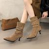 Botines de Tacón Alto con Punta para Mujer 2025 Nuevo Otoño Botas Retro de Pelo Fruncido Aspecto Adelgazante Tacón de Aguja Botas Western Estrechas