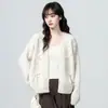 Jaqueta suéter decote V vazada para mulheres, primavera e outono 2026 novo estilo de outono, cardigã de tricô com renda e laço, top curto
