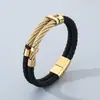 Pulsera de cordón de cuero negro de doble capa estilo business exclusiva transfronteriza con brazalete de alambre tejido de acero inoxidable para hombre