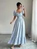 Nuevo Vestido Largo de Verano Azul Claro con Cuello Cuadrado, Mangas Abullonadas, Cintura Ceñida, Dobladillo Fruncido, Vestido Largo para Vacaciones en la Playa