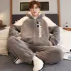 Pijama com Zíper Masculino Outono Inverno Coral Fleece Espessado Mais Veludo Quente Jovens Cardigan Roupas de Casa Conjunto Casual Masculino