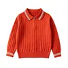 Suéter de Punto con Cuello Polo y Cuello Vuelta a Rayas para Niñas, Moda Transfronteriza Europea y Americana, Bordado Personalizable, Mangas Largas, Suéter Infantil Amigable con la Piel