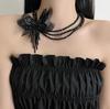 Collar de Tres Capas de Mariposa de Tela Estilo Negro Oscuro Europeo y Americano Elegante Nicho de Alta Gama Sexy Borla Cadena Clavicular