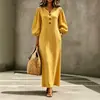 Nuevo Vestido Largo Casual de Verano para Mujer, Estilo Europeo y Americano Transfronterizo, Cuello en V, Botón de Madera, Manga Abullonada, Holgado, Cubre Barriga, Adelgazante