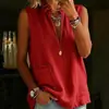 2026 Elegante Camisa de Algodón y Lino con Cuello Alto Fruncido Top de Verano sin Mangas