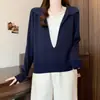 Outono de 2026 Novo Tamanho Grande Moda Gola Lapela Manga Longa Versátil Emagrecedor Falso Duas Peças Estilo Simples Camisa Base Top