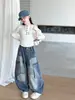 Mono de Mezclilla Casual Retro Patchwork de Otoño para Niñas Pantalones Sueltos de Pierna Ancha para Niños Grandes Pantalones de Papá