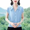 Foto Real de Camisa de Solapa Estilo Francés con Sensación de Hielo, Nuevo Estilo de Verano Camisa Adelgazante Top