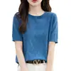 Camiseta de punto de seda helada calada color azul bruma de manga corta para mujer, nueva de verano 2026, top juvenil delgado de corte holgado y estiloso