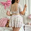 Conjunto de Pijama Sexy de Malla con Estampado de Encaje Tallas Grandes Europeas y Americanas Falda Corta Lencería Floral Sexy Transparente