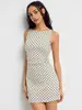 Vestido Curto Elegante Retrô de Bolinhas sem Mangas Estilo Europeu e Americano para Mulheres, Decote Canoa de Alto Padrão, Ajuste na Cintura, Emagrecedor, Linha A