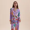 [Porquinho da Índia] Pijama Feminino Primavera & Outono Cardigã Feminino Fino com Lapela Manga Longa Conjunto de Roupa de Casa Imitação de Seda