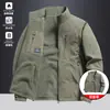 Jaqueta de trabalho masculina, corte solto, outono/inverno, forrada com fleece, gola alta, reversível, estilo simples e casual, com múltiplos bolsos