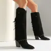 Botas Vaqueras Western con Flecos y Remaches para Mujer Punta Fina Tacón Grueso Efecto Madera Corte en V Retro Hasta la Rodilla Botas de Caballero
